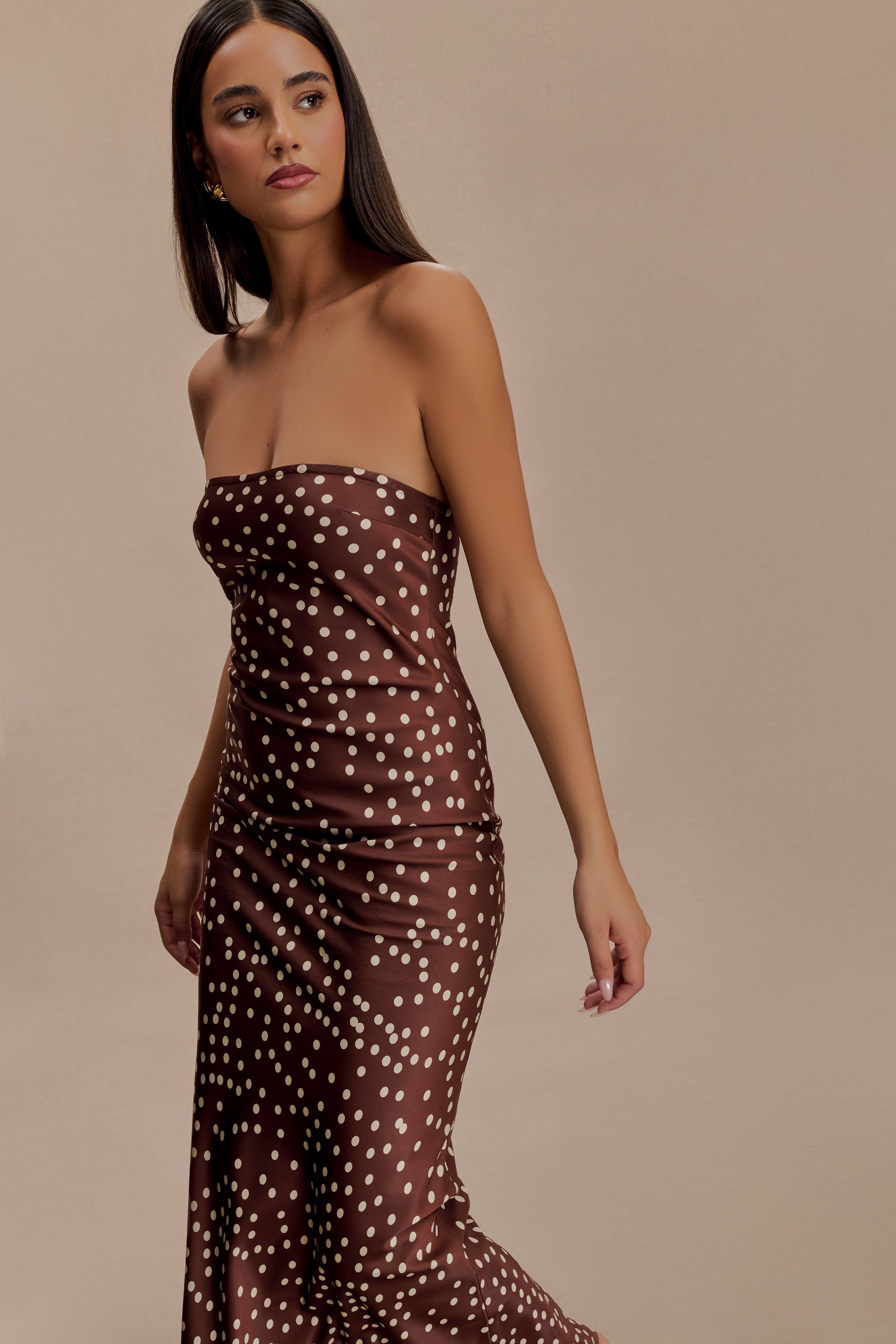 Claudette Strapless Satin Maxi Dress - Brown Polka Dot Print、mySite、solidvoid