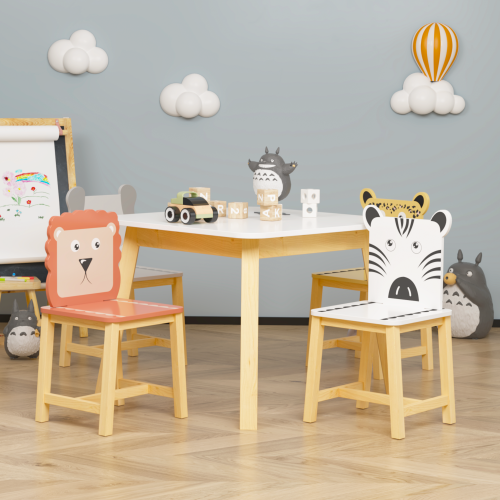 Kids Table and 2 Chairs Set, 3 Pieces Toddler Table and Chair Set, Wooden Activity Play Table Set (Lion&Monkey)、、casual