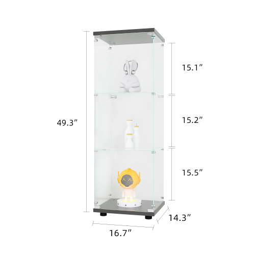 Glass Display Cabinet with 3 Shelves, One-Door Curio Cabinets for Living Room, Bedroom, Office, Black Floor Standing Glass Bookshelf, Quick Installation、、casual