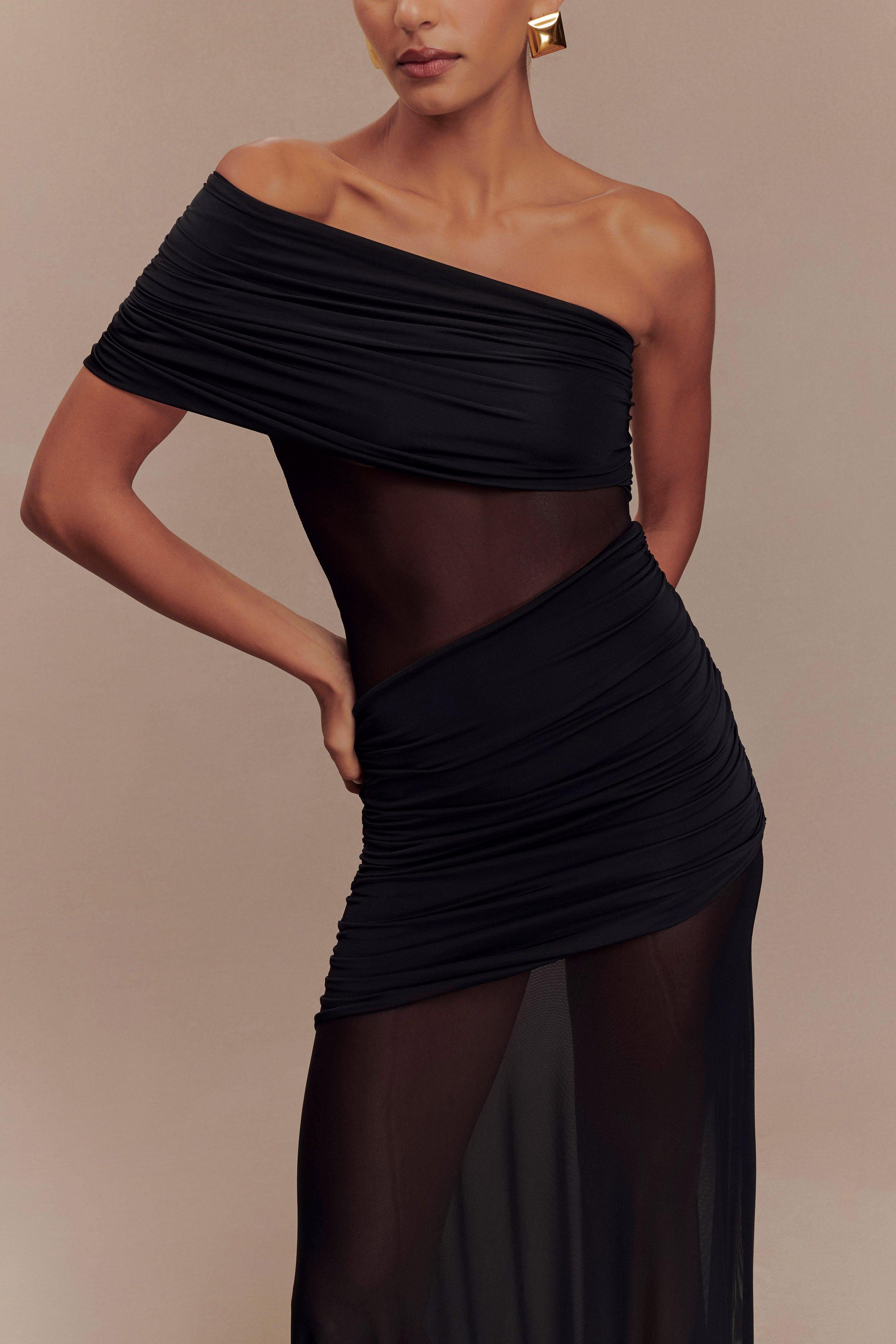Dallas One Shoulder Mesh Maxi Dress - Black、mySite、solidvoid