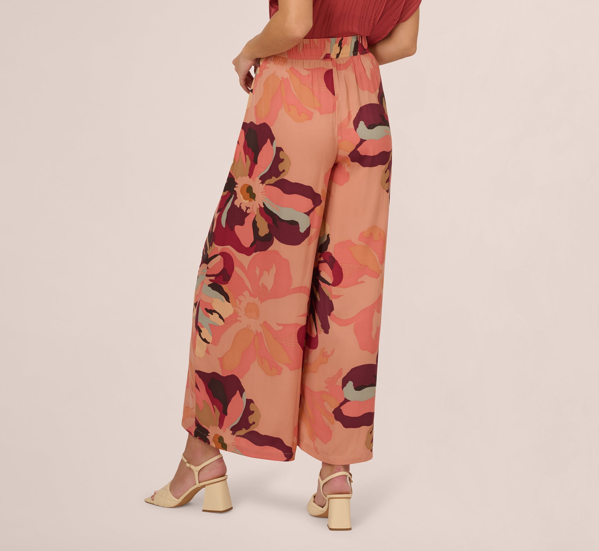 Tropical Floral Print Wide Leg Pants With Drawstring Waist In Deepburgundylargesunsetfloral、mySite、solidvoid