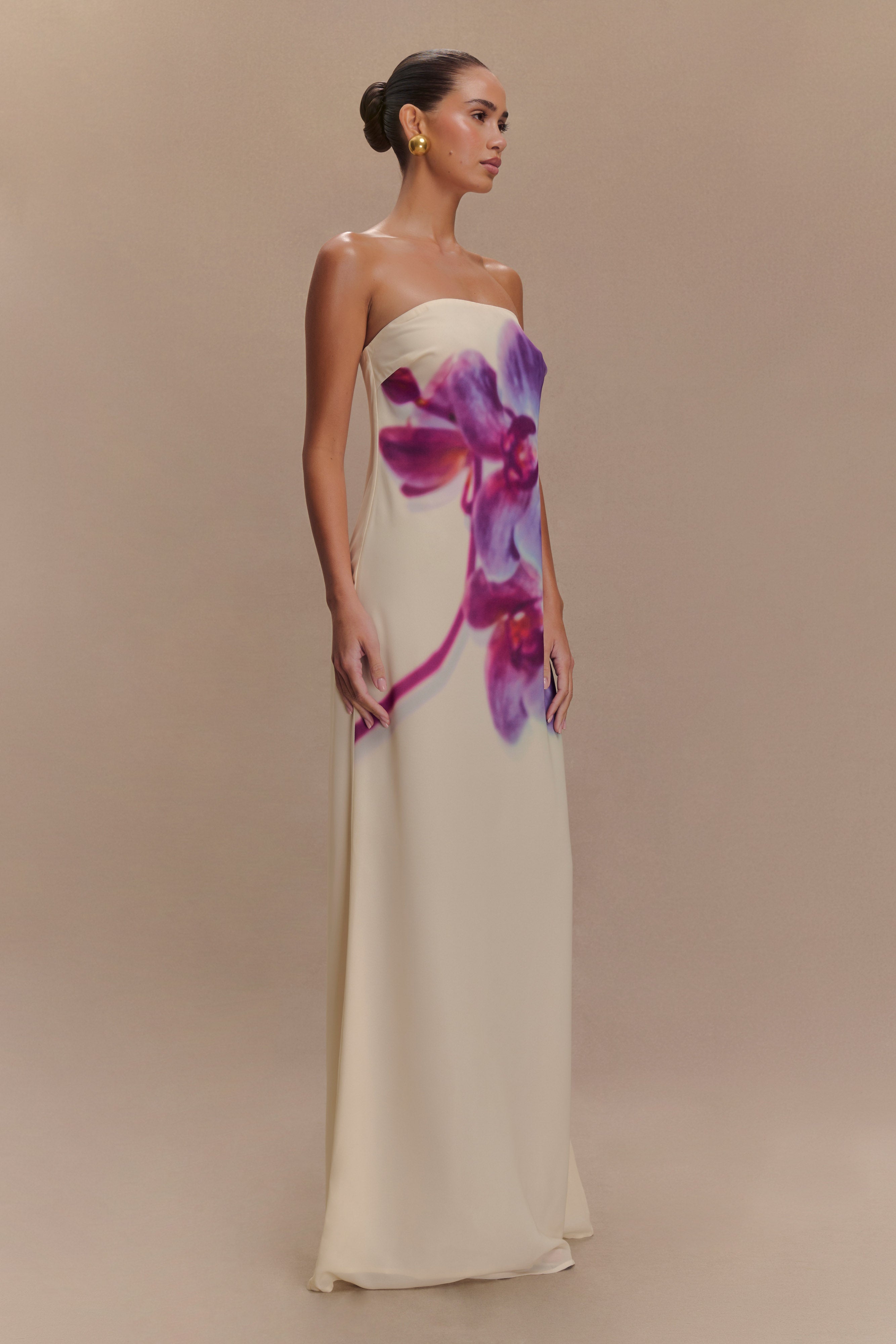 Amaya Strapless Chiffon Maxi Dress - Ivory Koi Orchid Print、mySite、solidvoid