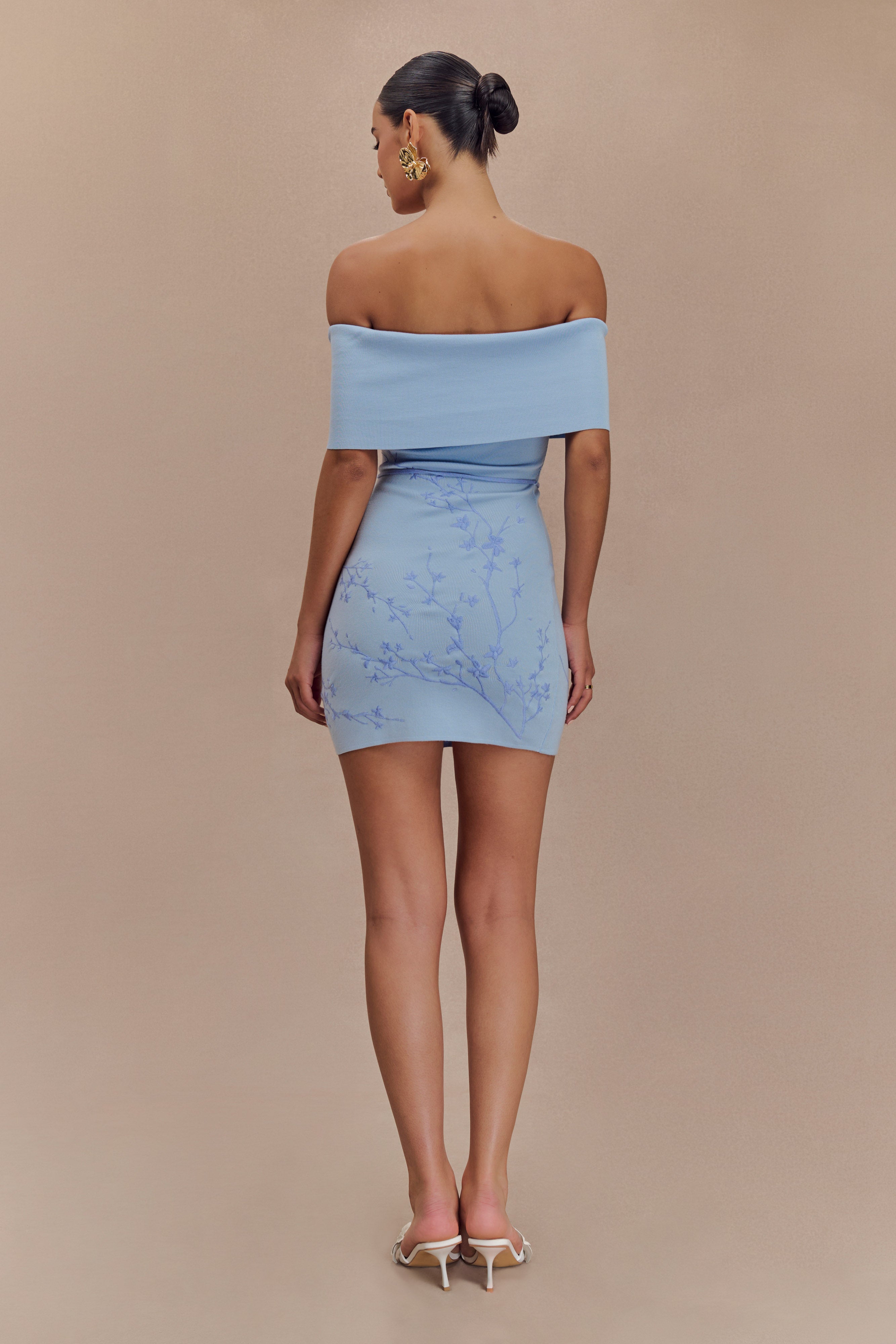 Mallory Off Shoulder Embroidered Knit Mini Dress - Ice Blue、mySite、solidvoid