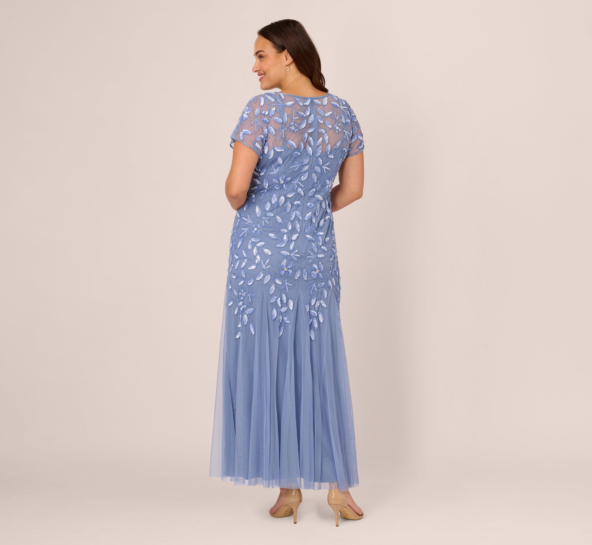 Plus Size Hand Beaded Short Sleeve Floral Godet Gown In French Blue、mySite、solidvoid