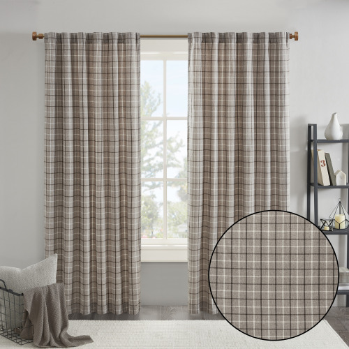 Plaid Rod Pocket and Back Tab Curtain Panel with Fleece Lining Brown 50x84"、、eastwooduniform