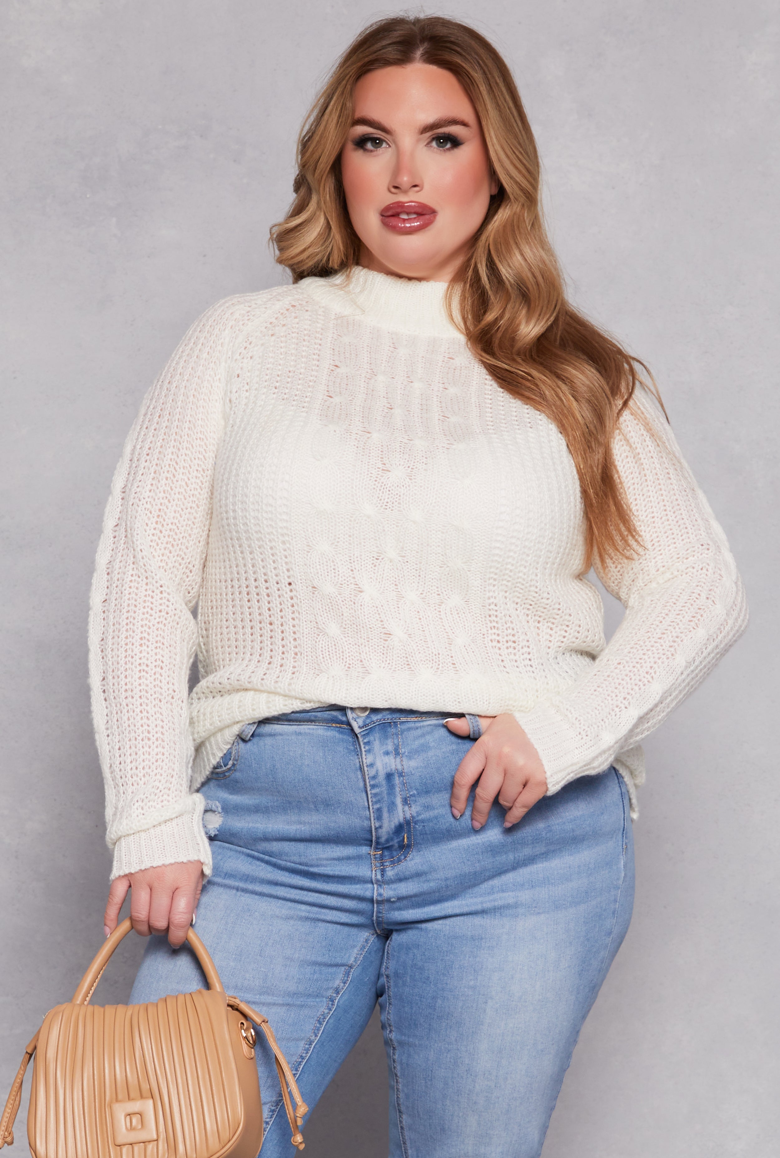 Plus Size Cable Knit Shaker Sweater、mySite、camillekostekn