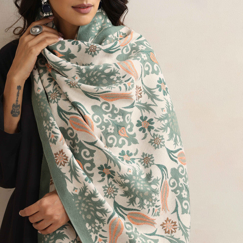 Woolen Reversible Stole | Floral Print | Green、mySite、camillekostekn