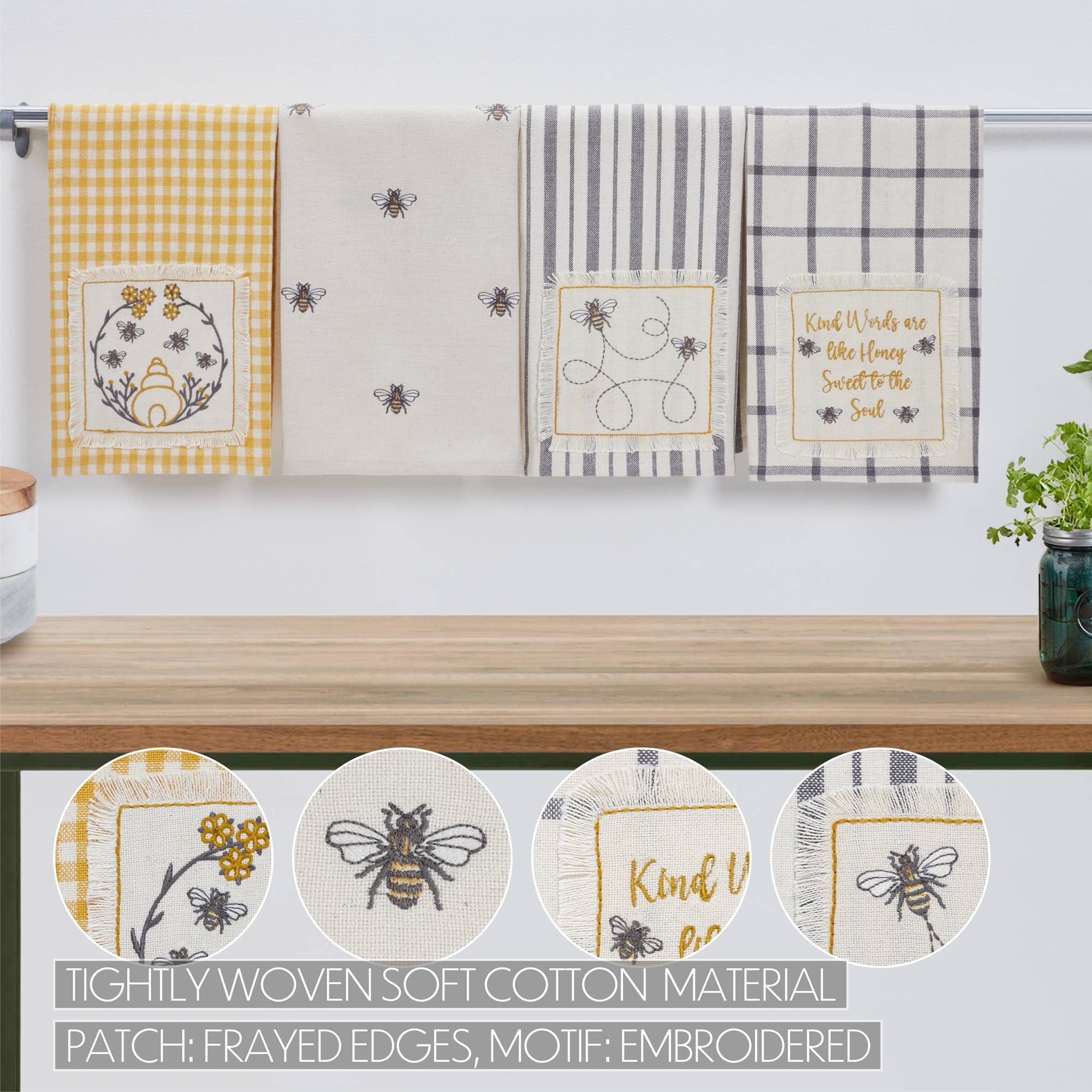 Embroidered Bee Tea Towel Set of 4 19x28、mySite、g9winljtr
