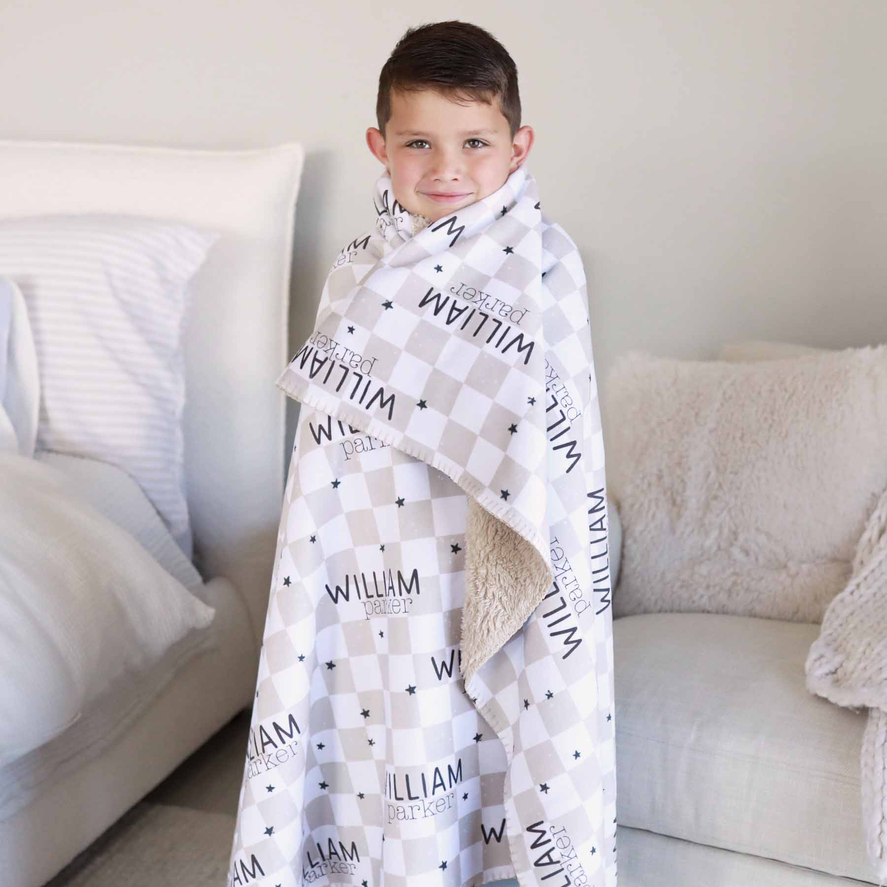  Personalized Fuzzy Kids Blanket | Taupe Check、mySite、layawaytickets