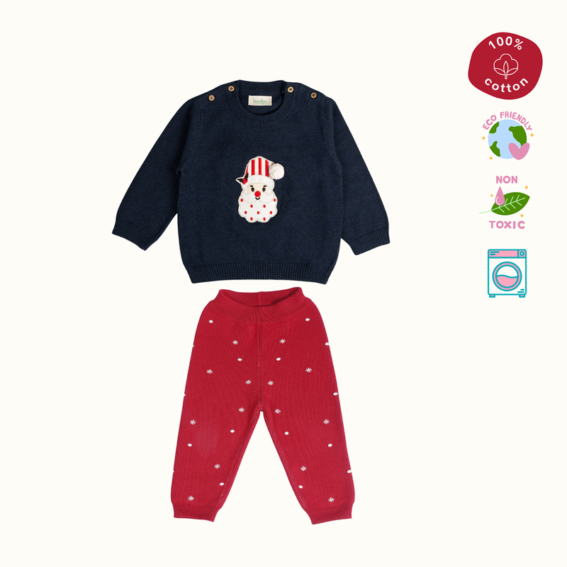 Cotton Sweater & Lower Set | Secret Santa Printed | Navy Blue & Red | Set of 2、mySite、camillekostekn