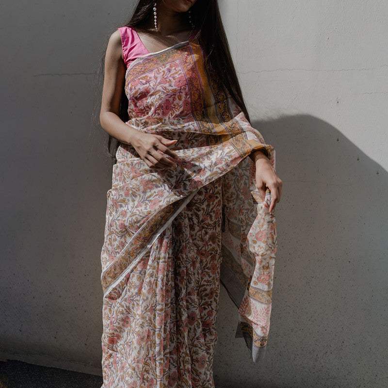 Festive Wear | Kota Doria Sanganeri Print Saree | Beige & Pink、mySite、camillekostekn