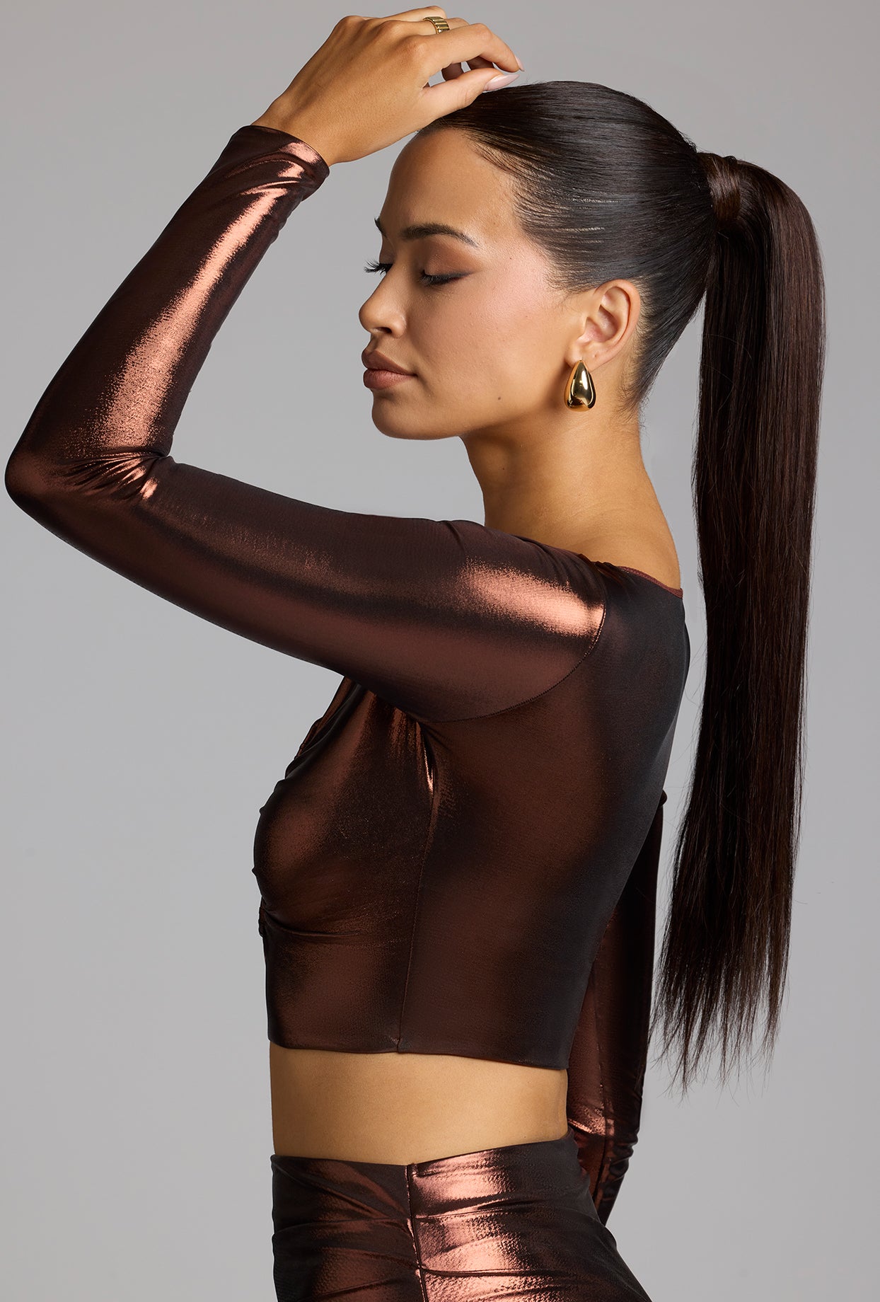 Plunge Neck Metallic Jersey Crop Top in Copper Bronze、mySite、solidvoid
