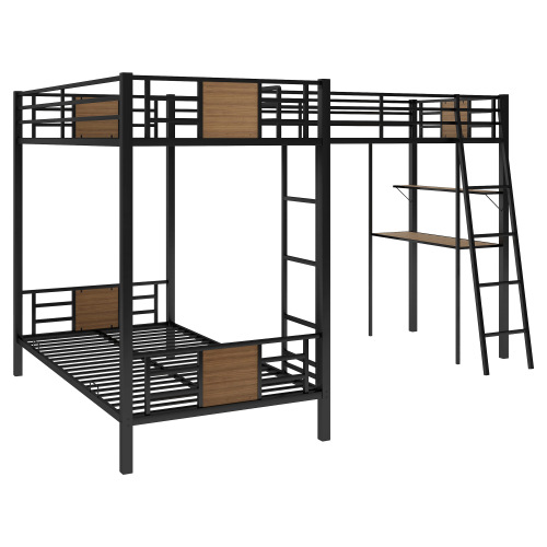 L-Shaped Twin over Twin Bunk Bed with Twin Size Loft Bed with Desk and Shelf ,Brown、、casual
