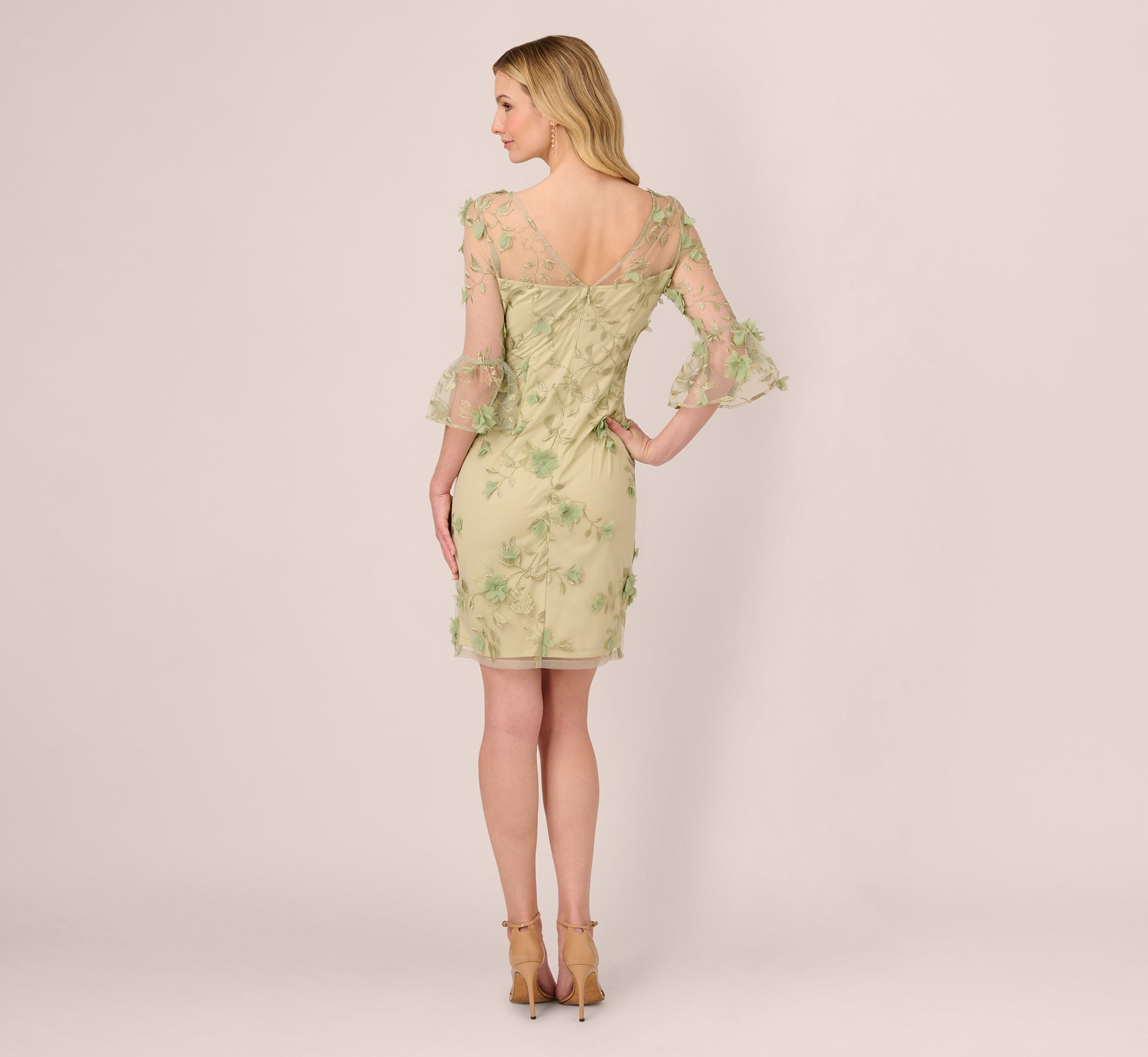 Bell Sleeve Floral Embroidered Illusion Sheath Dress In Sage Multi、mySite、solidvoid