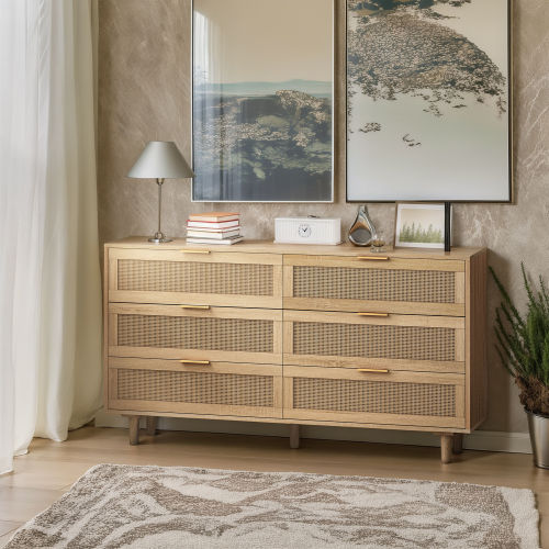 51.18"6-Drawers Rattan Storage Cabinet Rattan Drawer,for Bedroom,Living Room,Natural (Same SKU:W757P198980)、、casual