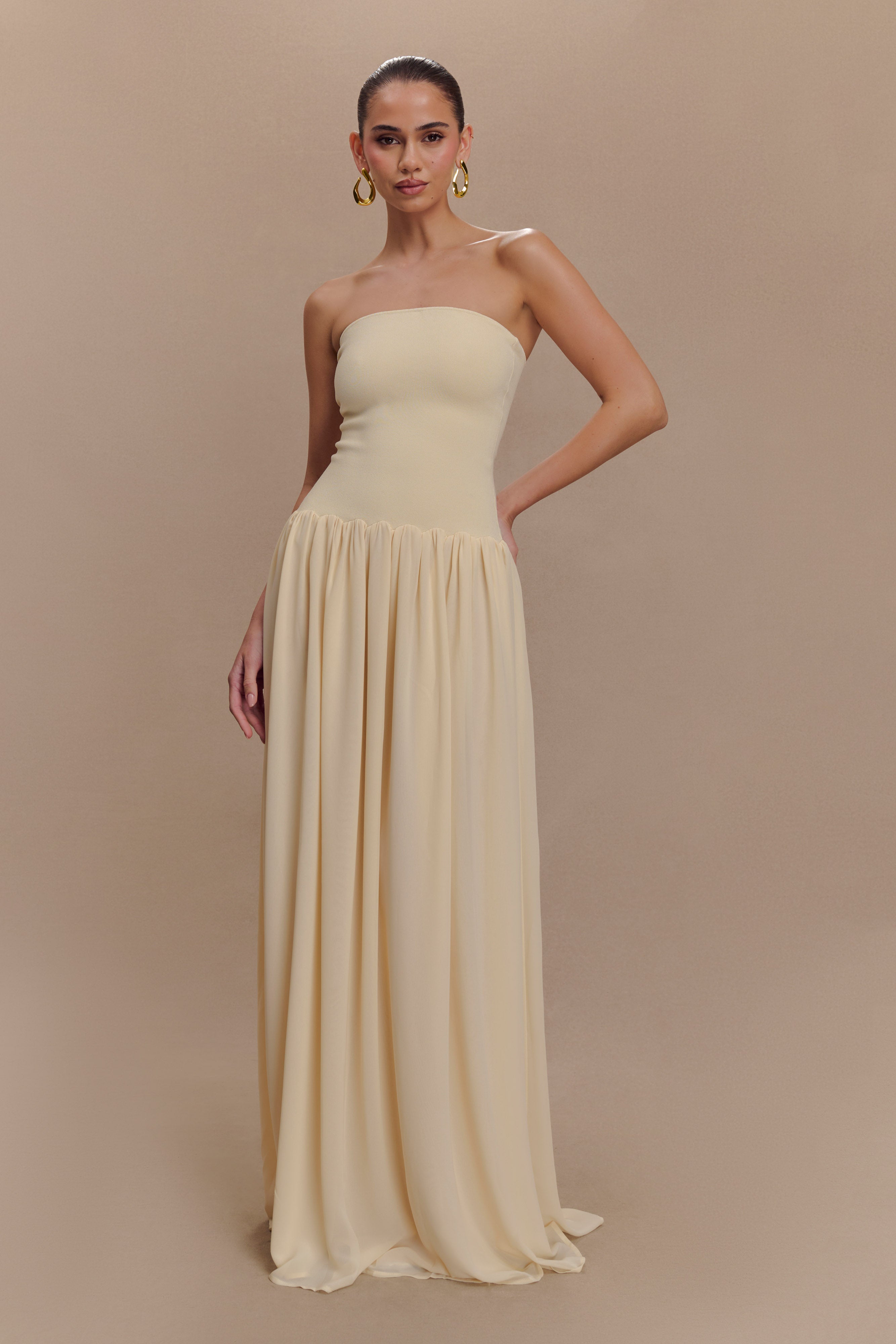 Lyanna Knit And Chiffon Strapless Maxi Dress - Cream、mySite、solidvoid