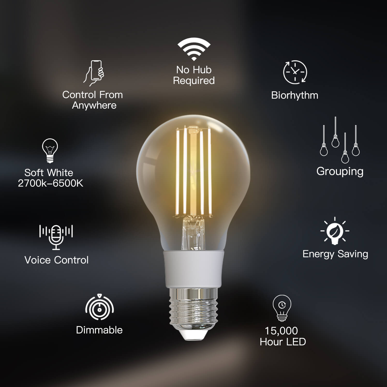 WiFi Smart Filament Bulb LED Light Lamp A60 E27 Dimmable Lighting Soft White 2700K-6500K 7W、mySite、fannypackpong