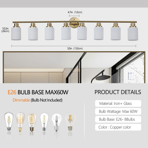 52" Modern 8-Light Vanity Wall Sconce, Golden Finish with Frosted Glass Shades for Bathroom or Hallway Lighting (No Bulbs)、、eastwooduniform