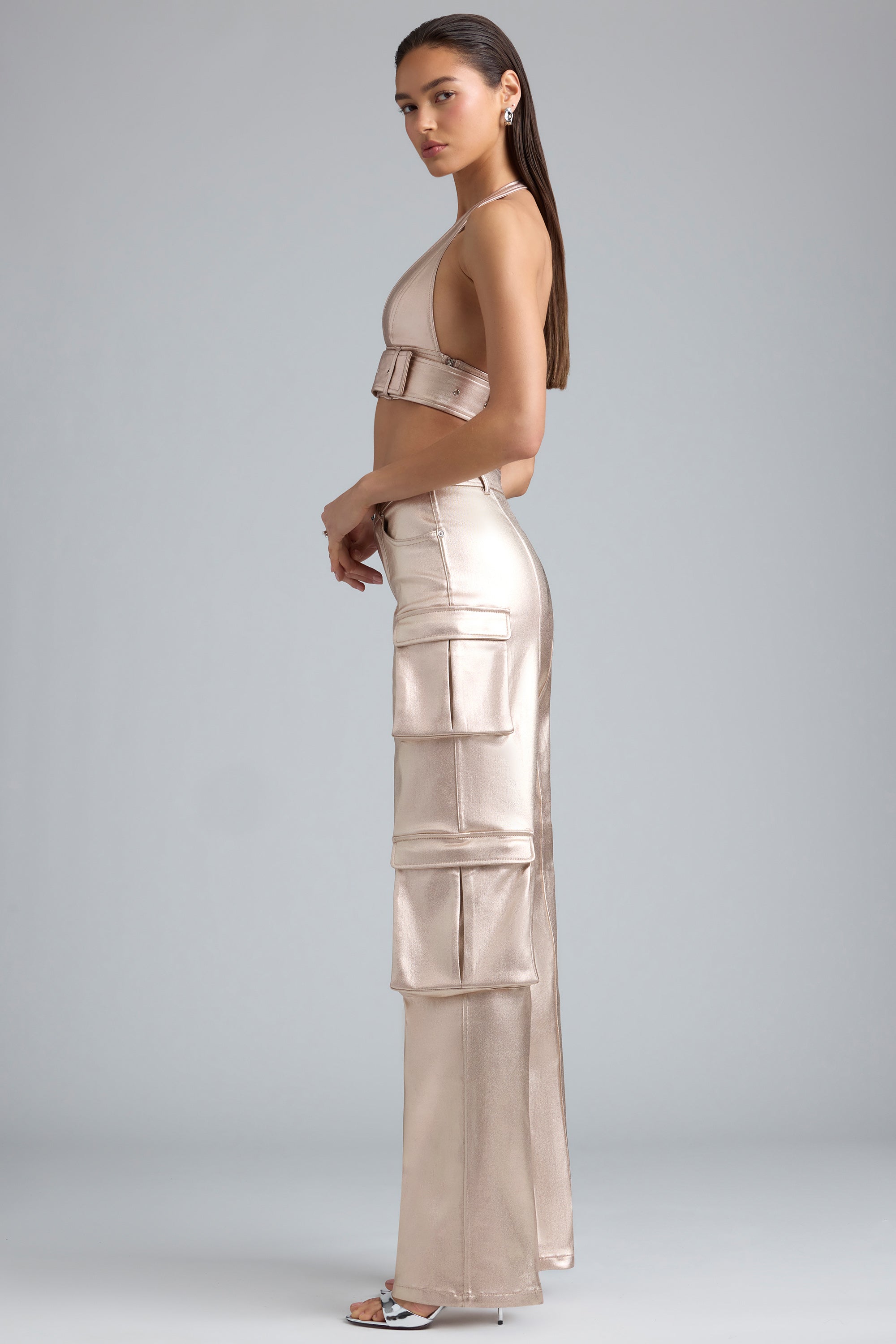 Metallic Denim Cargo Trousers in Champagne、mySite、solidvoid