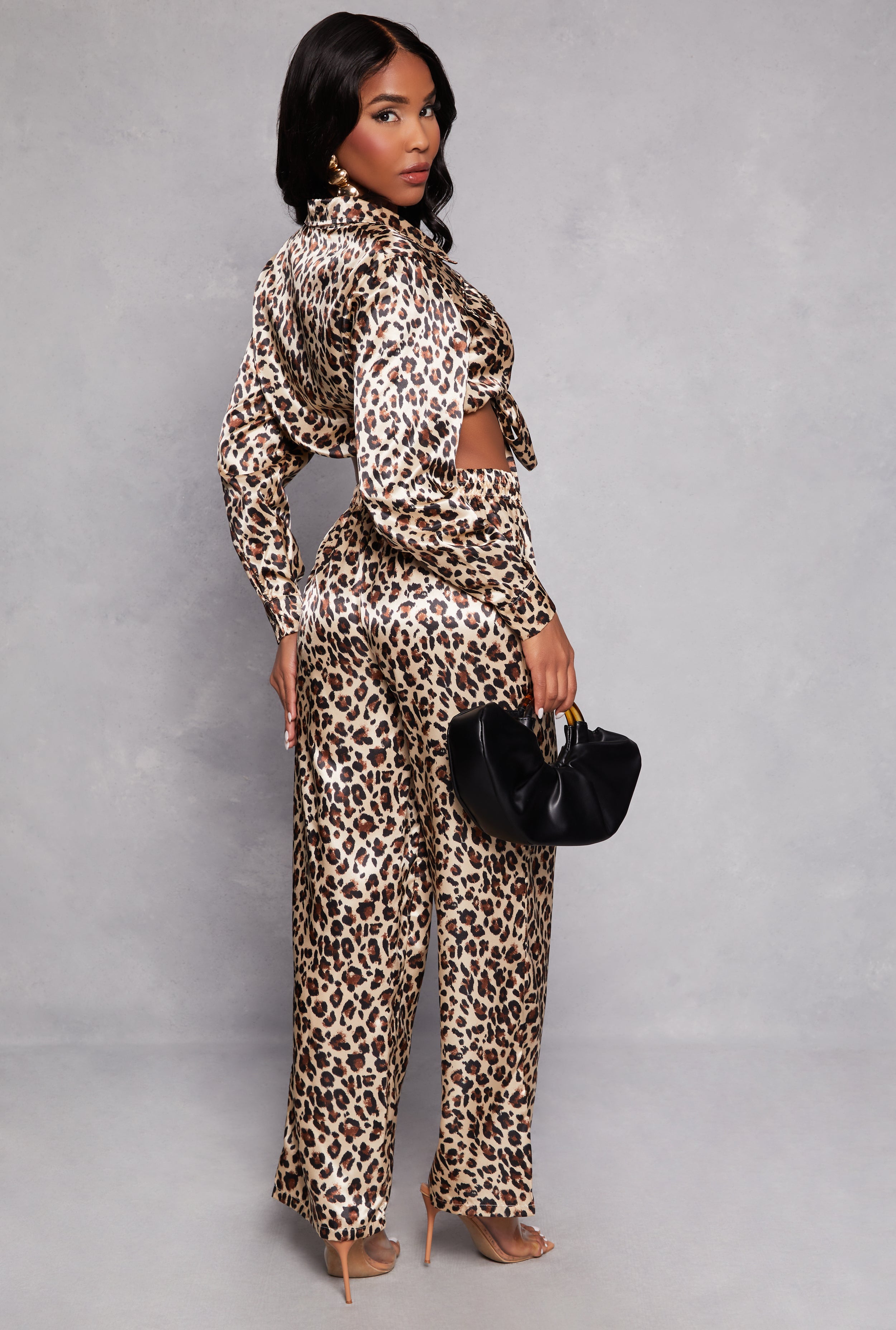 Satin Leopard Print Tie Front Top and Wide Leg Pants、mySite、camillekostekn