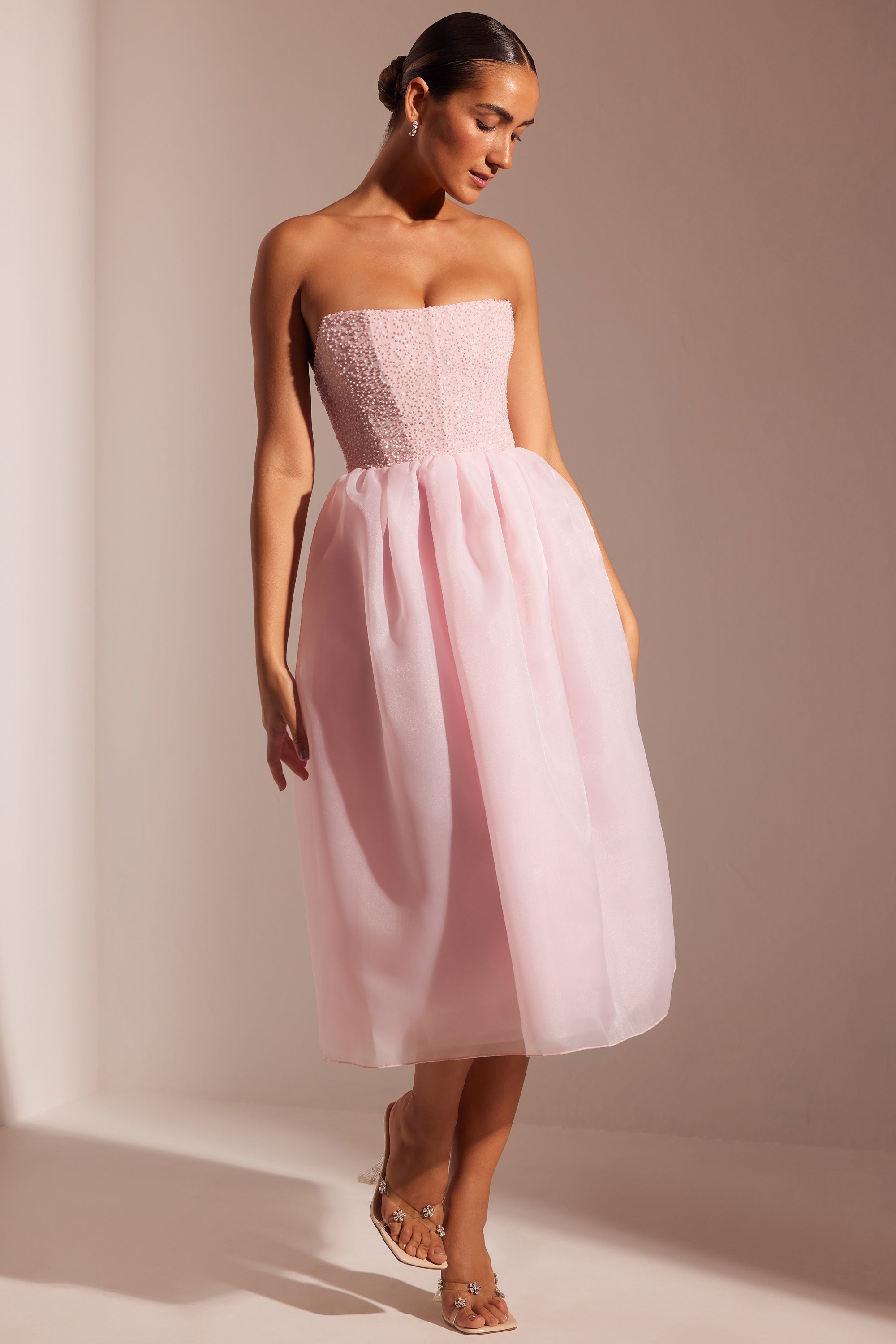 Embellished Corset Tulle Skirt Midi Dress in Blush、mySite、solidvoid