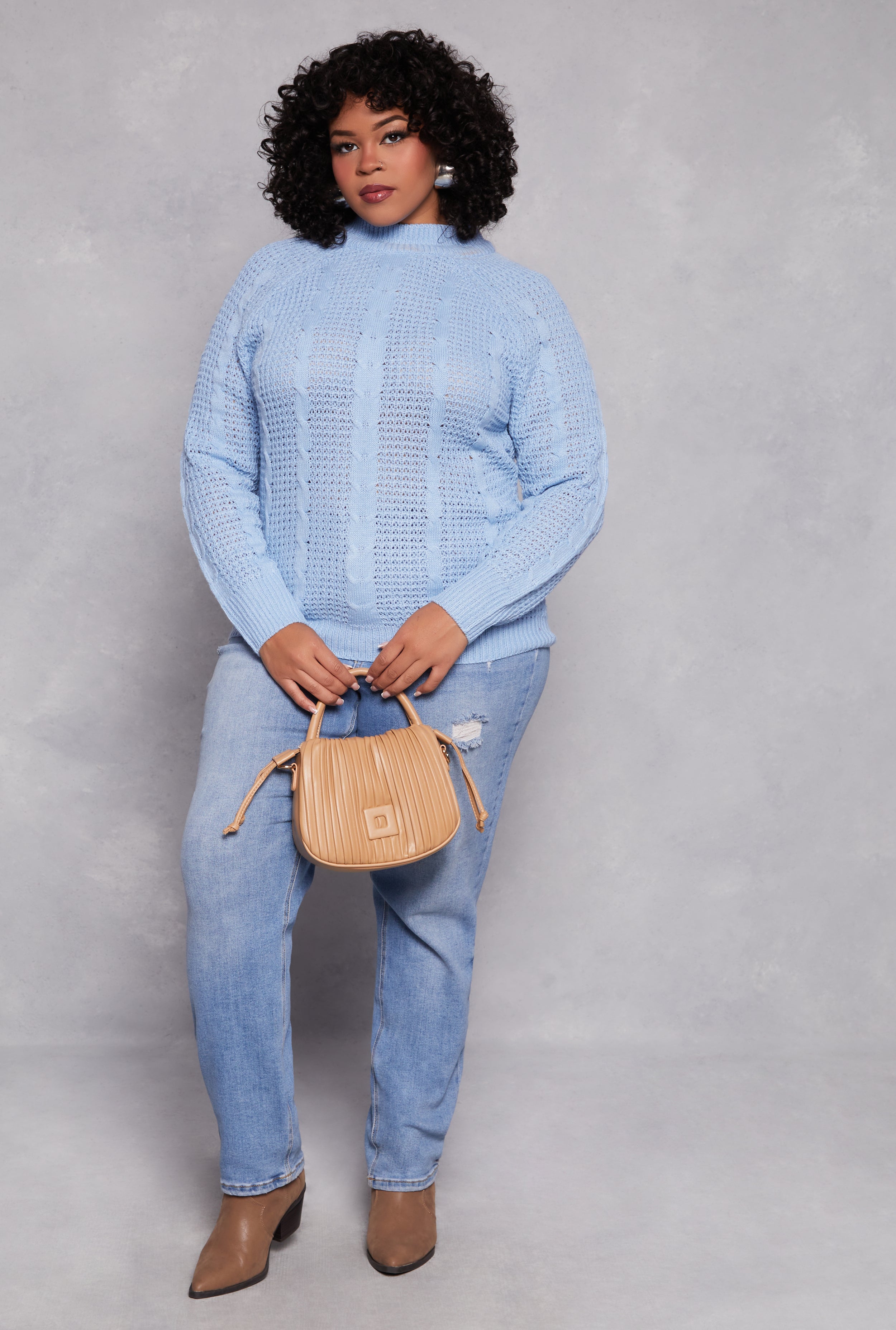 Plus Size Cable Knit Mock Neck Sweater、mySite、camillekostekn