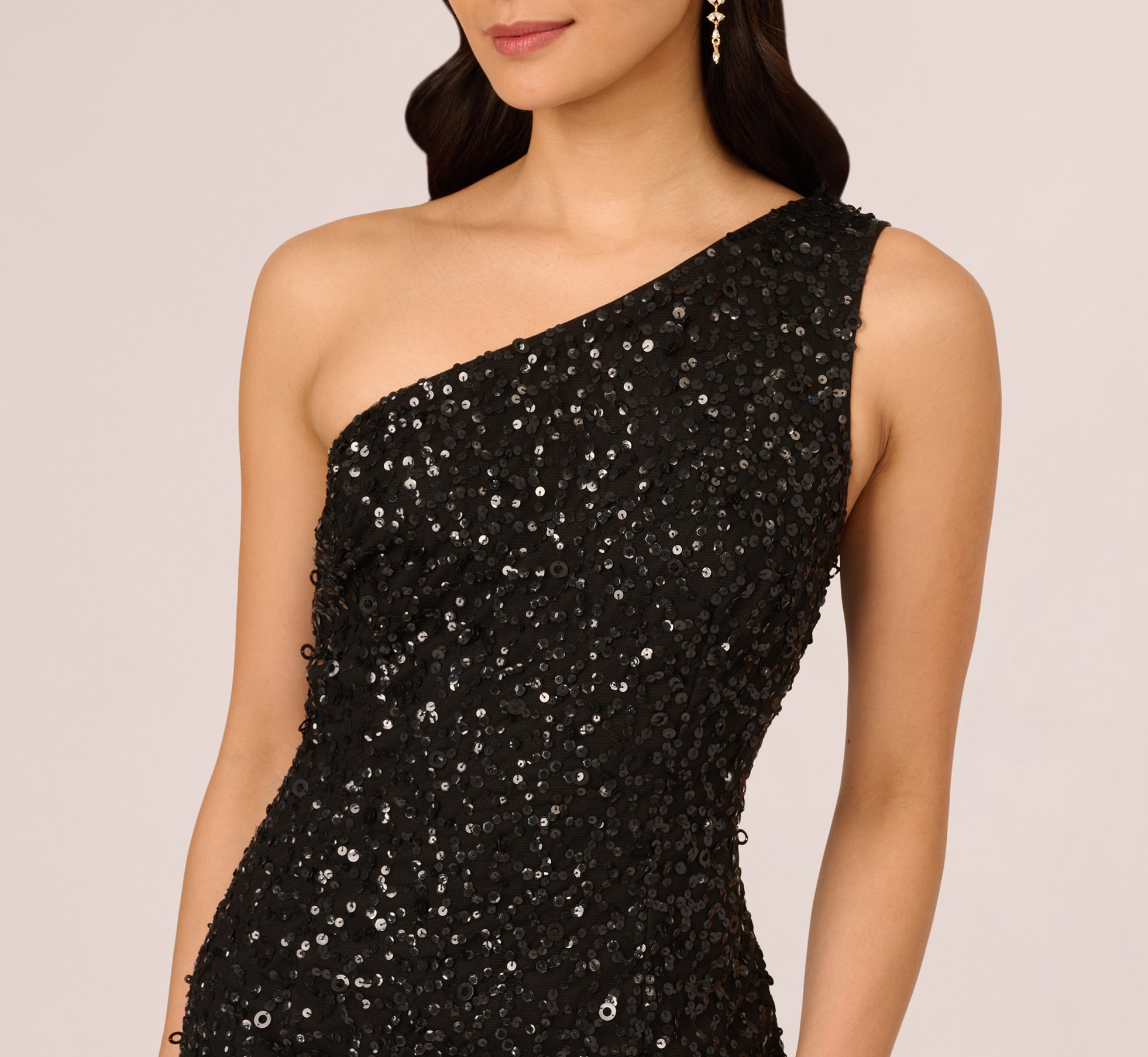 One Shoulder Sequin Beaded Ankle Length Dress In Black、mySite、solidvoid
