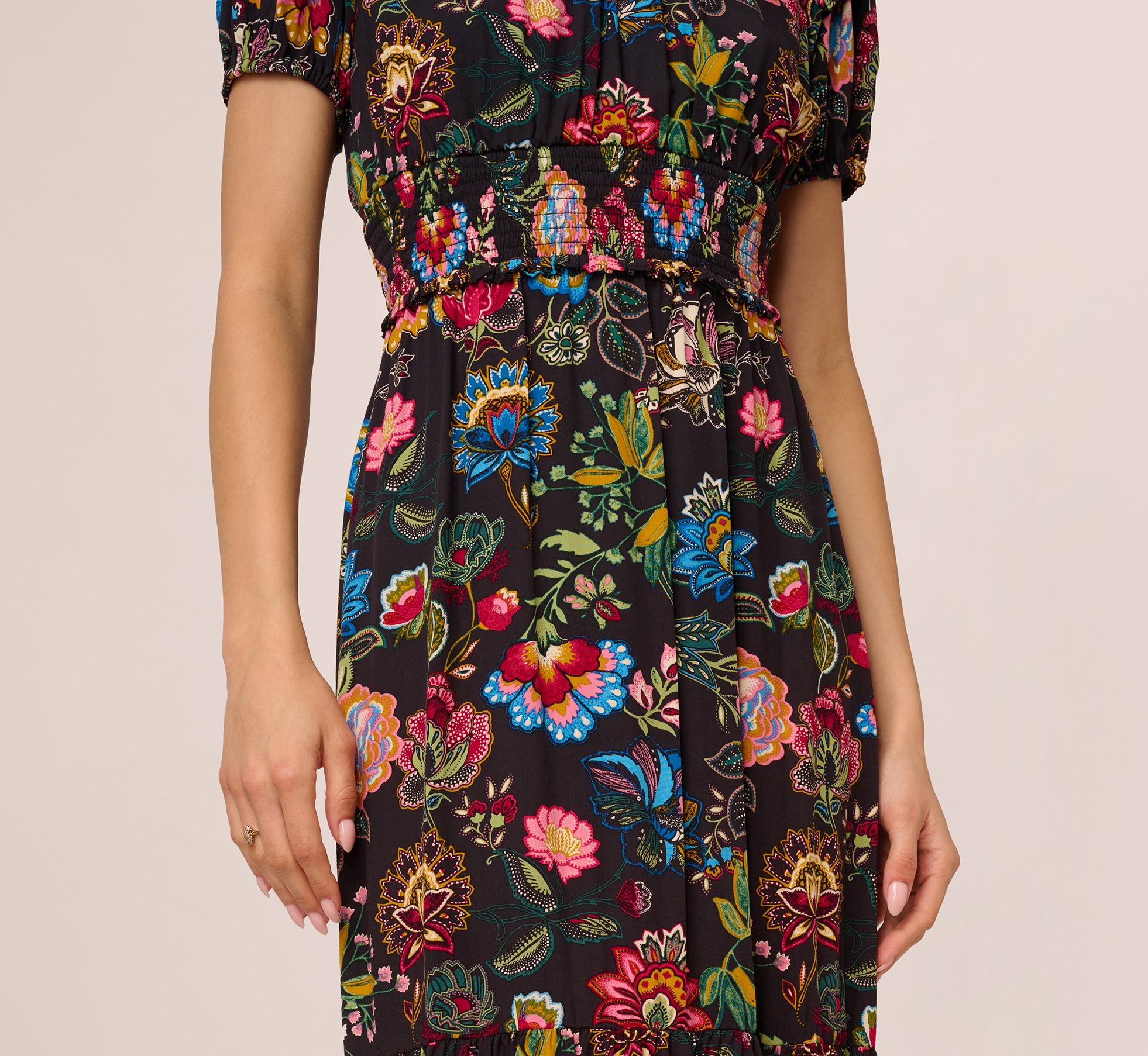 Puff Sleeve Floral Midi Flounce Dress In Black Multi、mySite、solidvoid