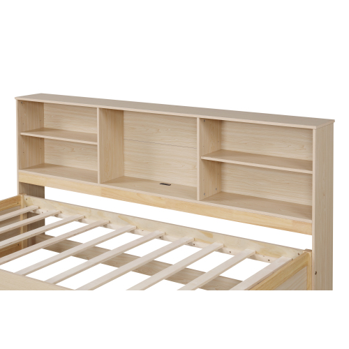 Twin Size Bed Frame With Side Bookshelves, Two Drawers, And Built-in USB Port For Natural Color、、xpatfood