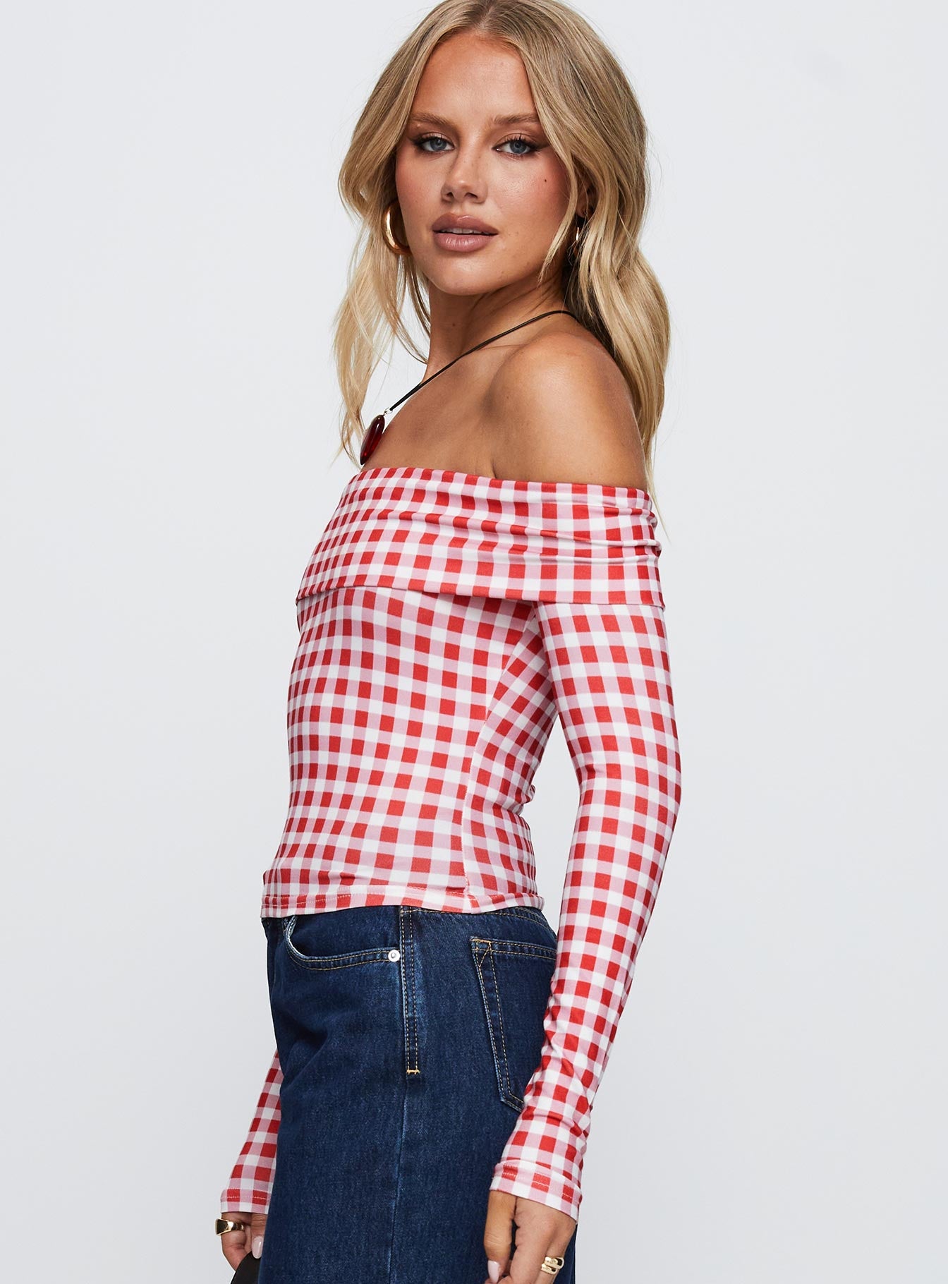 Singular Off The Shoulder Long Sleeve Top Red Check、mySite、solidvoid