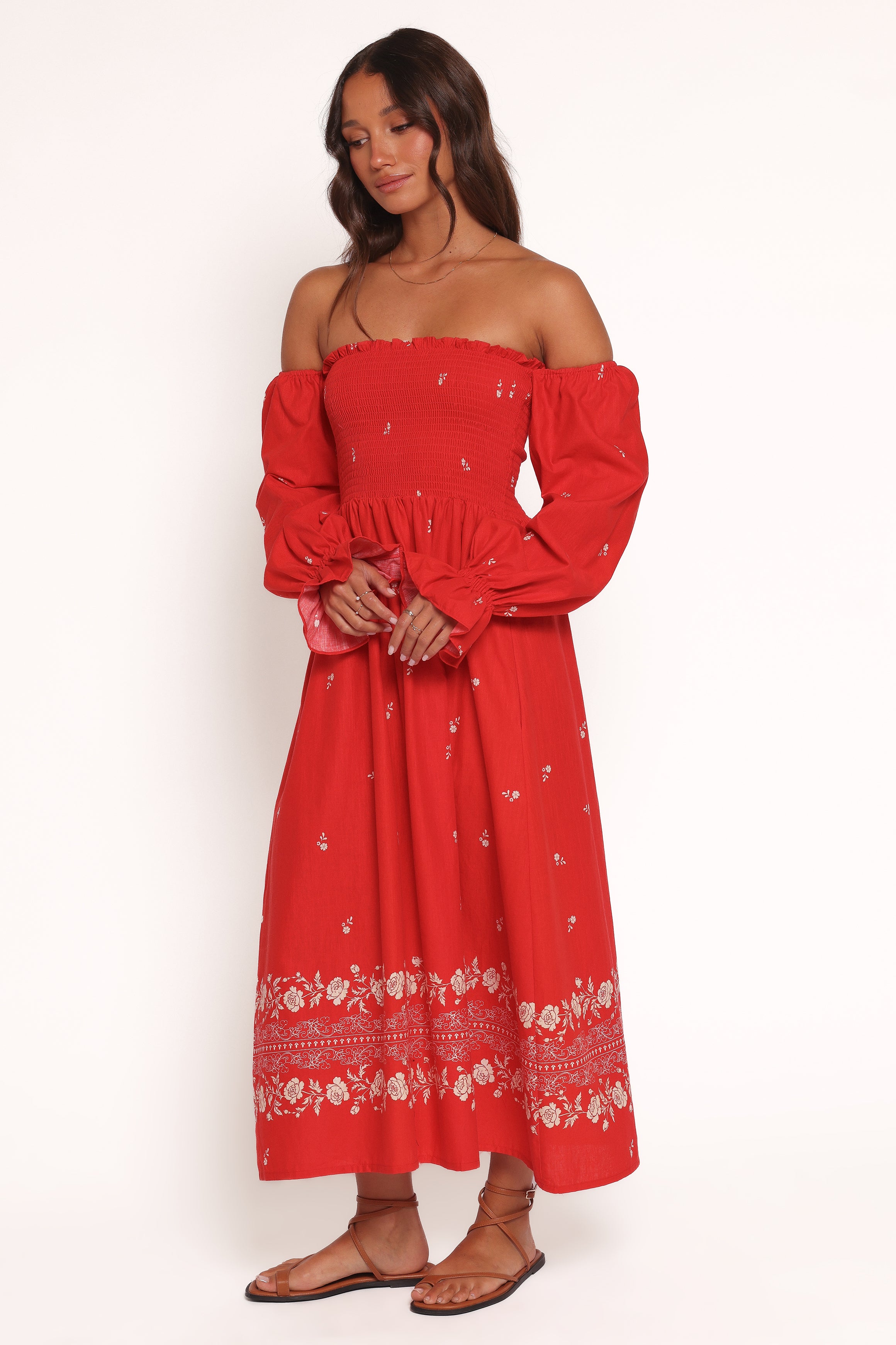 Domenica Shirred Long Sleeve Midi Dress - Red Floral Bandana、mySite、sugarbowlscore