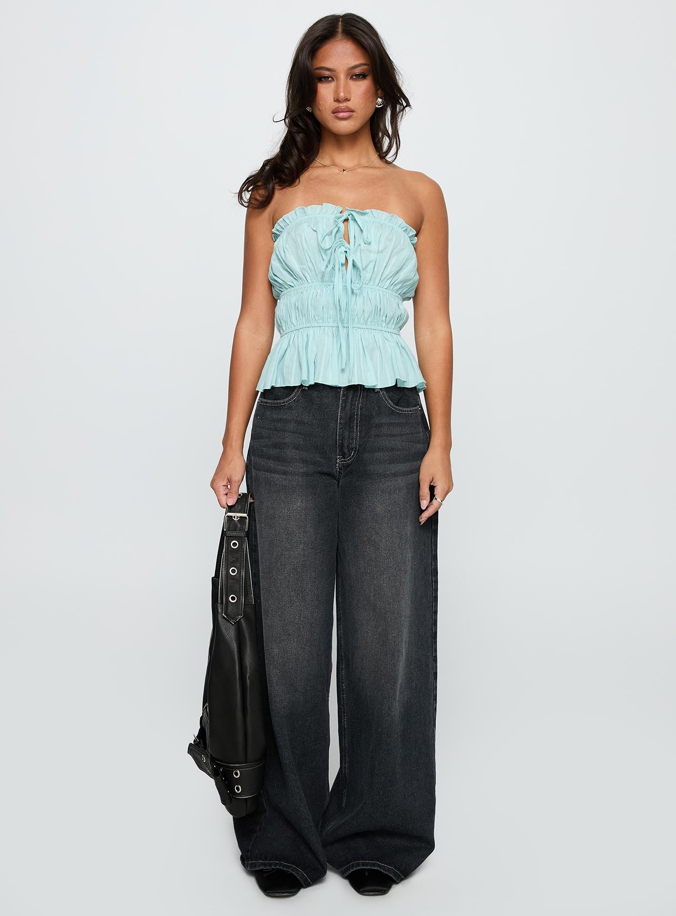 Sombre Tie Detail Strapless Top Blue、mySite、solidvoid