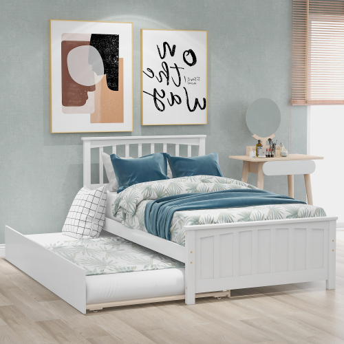 Twin size Platform Bed with Trundle, White、、casual