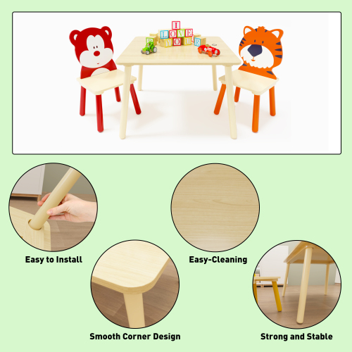 Kids Table and 2 Chairs Set, 3 Pieces Toddler Table and Chair Set, Wooden Activity Play Table Set (Lion&Monkey)、、casual