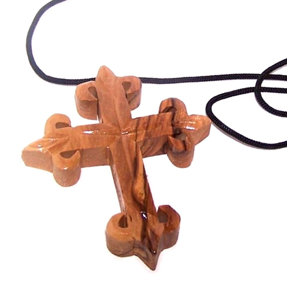 Very Thick hand carved olive wood Fleur-de-lis Cross - necklace - (2.8x2.4x.5 inches) with Certificate、mySite、topwebapps