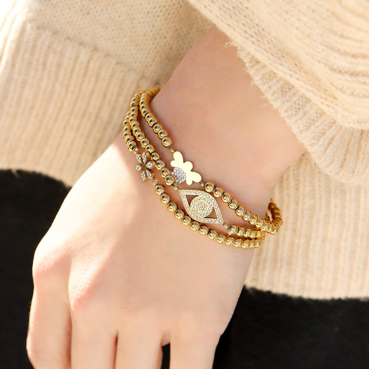 18K Gold PVD Stainless Steel Stone Flower Metal Beaded Stretch Bracelet / BRJ1020、mySite、dreamappss