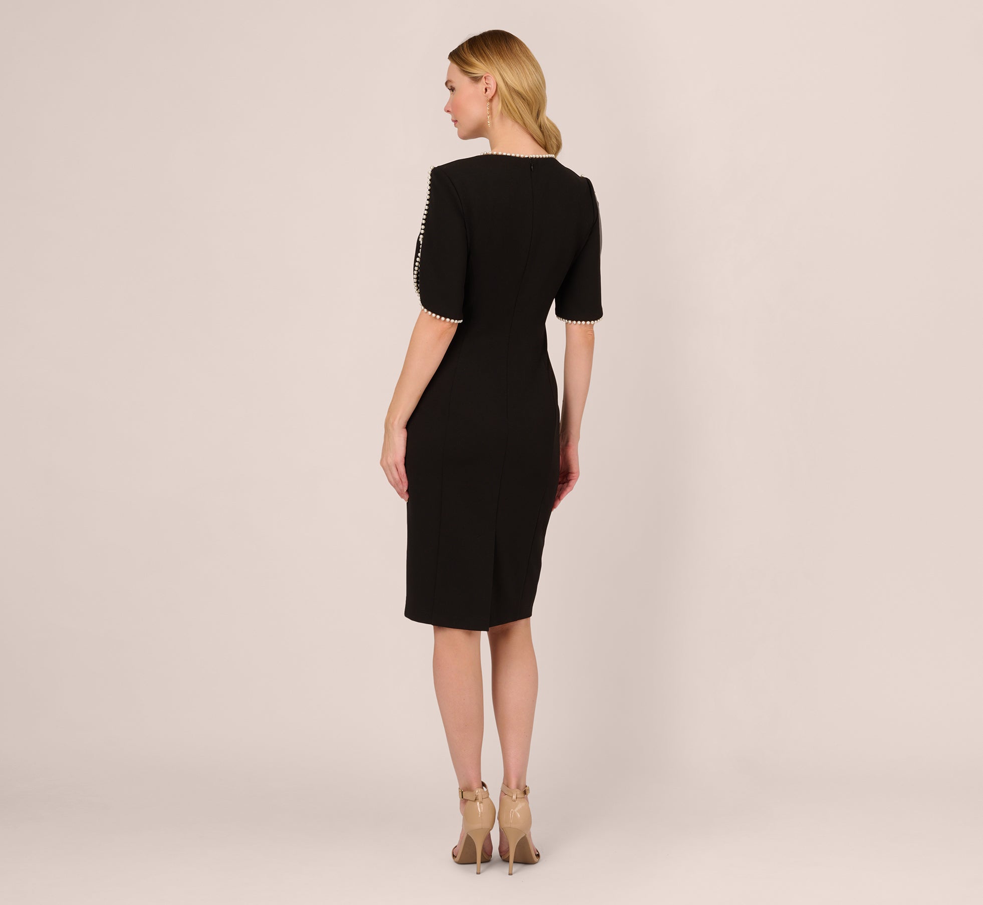 Crepe Midi Length Sheath Dress With Pearly Trim In Black、mySite、solidvoid