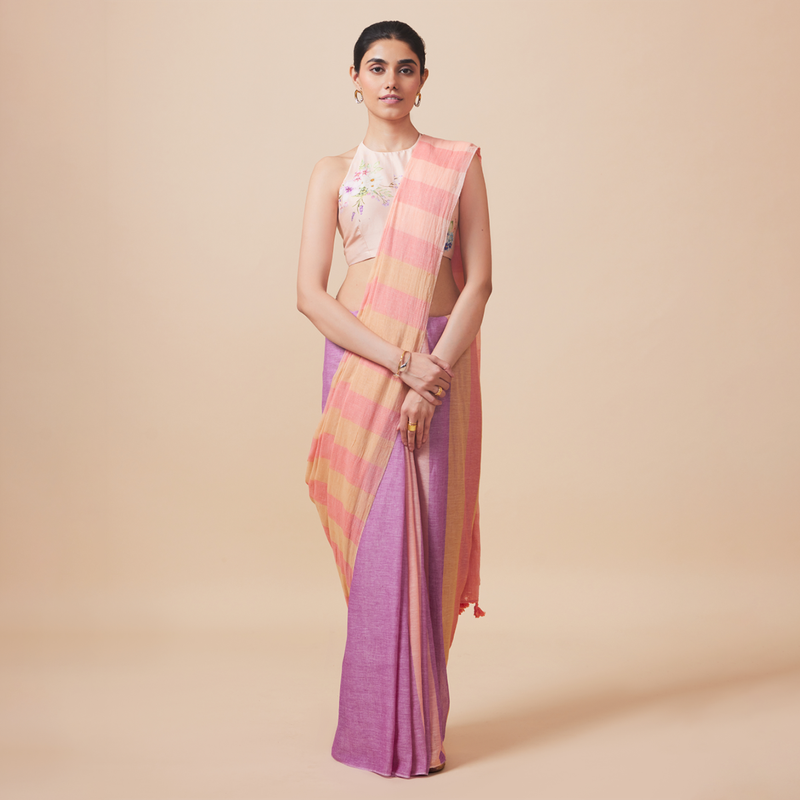 Cotton Solid Saree with Blouse | Peach & Purple、mySite、camillekostekn