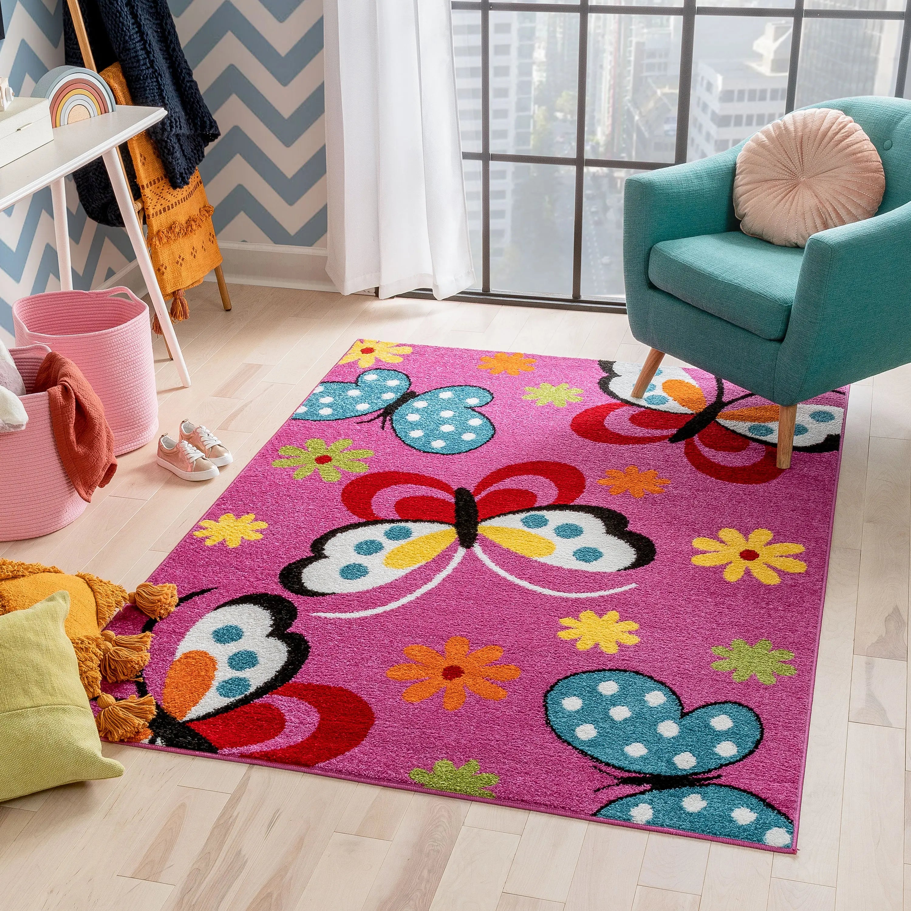 Starbright Daisy Butterflies Pink Rug、mySite、gigharbornorthrealestate