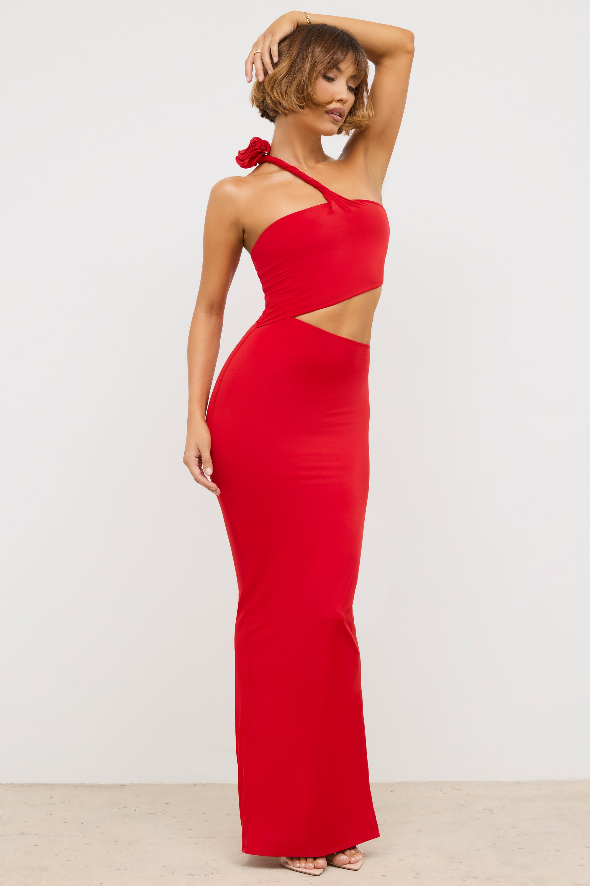 Premium Jersey Asymmetric Cut Out Maxi Dress in Scarlet Red、mySite、solidvoid