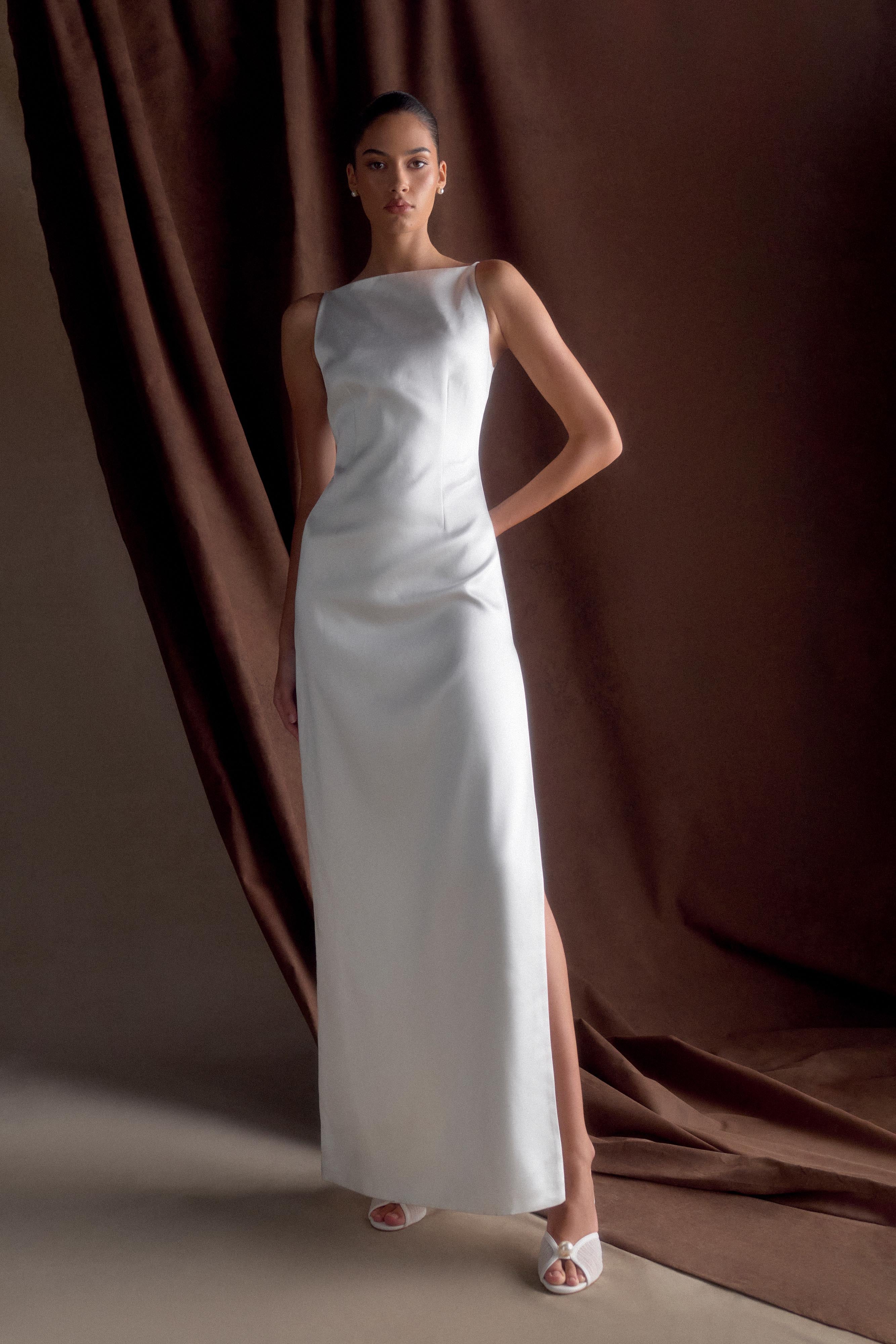 Violet Sleeveless Satin Maxi Dress - White、mySite、solidvoid