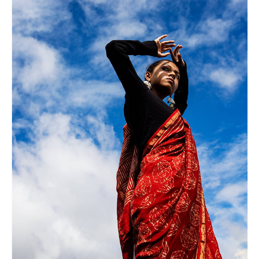 Natural Dyed Rust Dabu Printed Chanderi Saree、mySite、camillekostekn