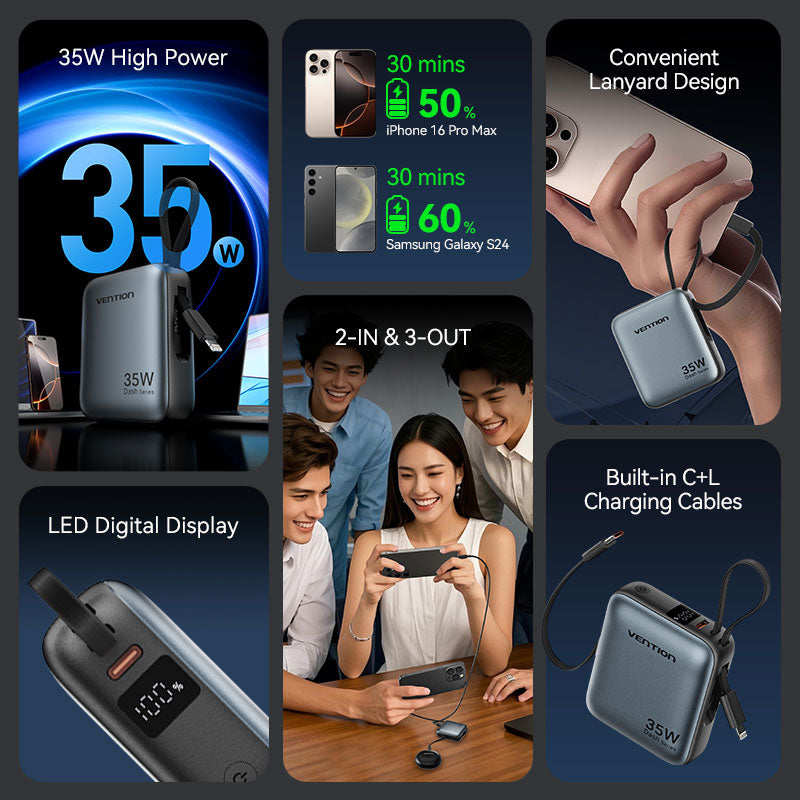 Vention 10000mAh Mini Power Bank (USB-C + USB-C/Lightning) with Built-in USB-C and Lightning Cables 35W Gray、mySite、fannypackpong