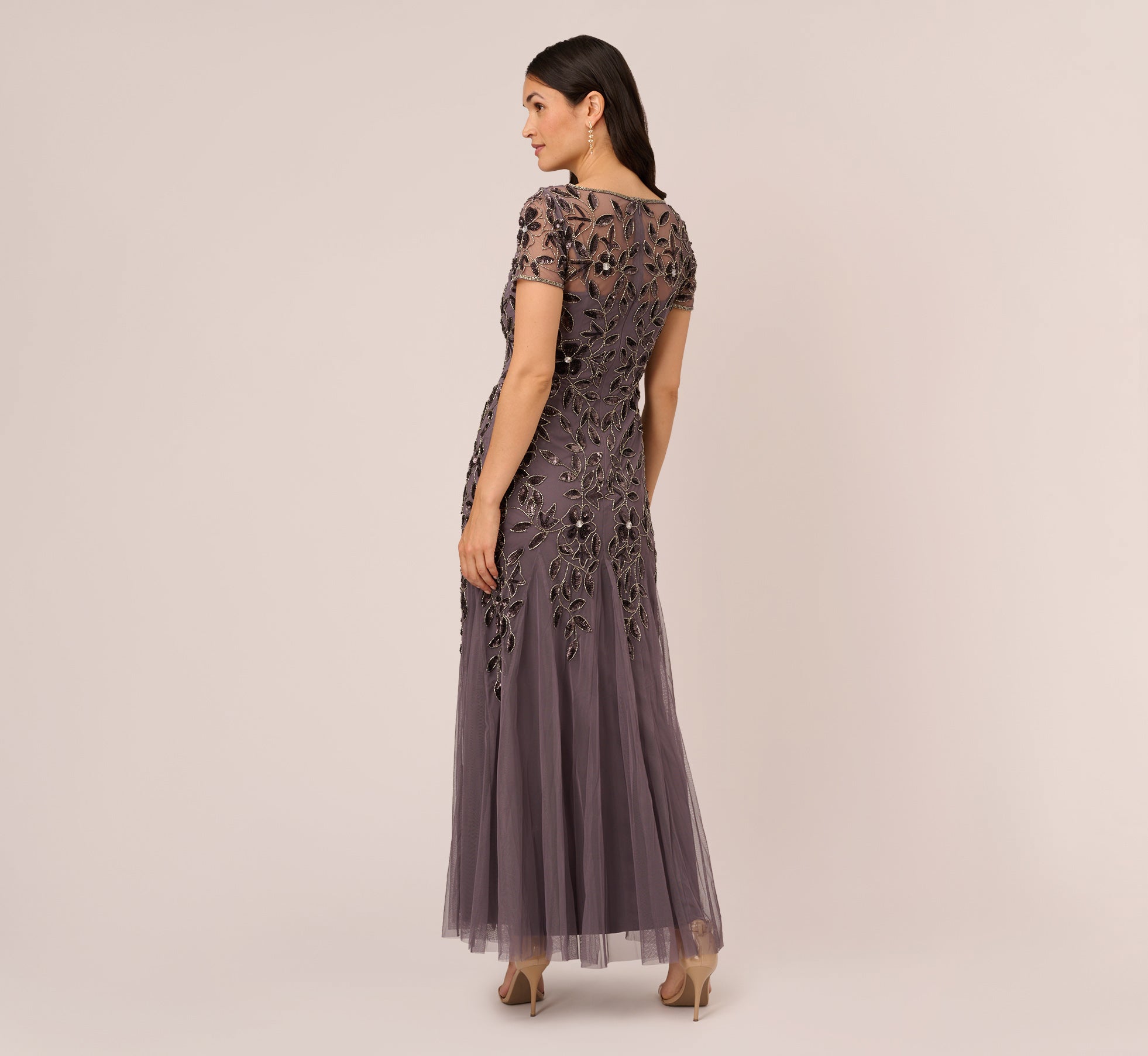 Hand Beaded Short Sleeve Floral Godet Gown In Moonscape、mySite、solidvoid