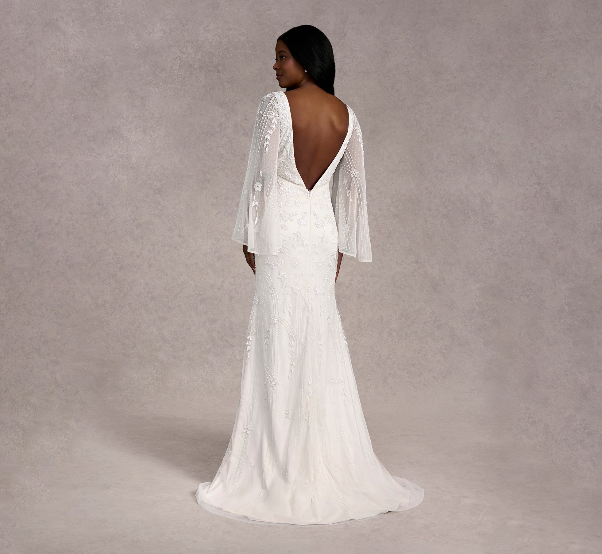 Beaded Empire Fit And Flare Gown With Wide Sleeves In Ivory/Ivory In Ivory Ivory、mySite、solidvoid