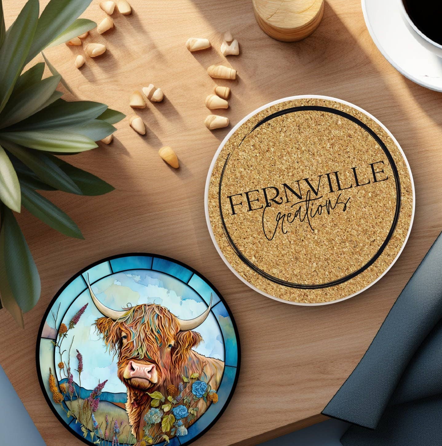 Colorful Highland Cow Ceramic Coaster with Stained Glass Motif Handmade in the USA、mySite、g9winljtr