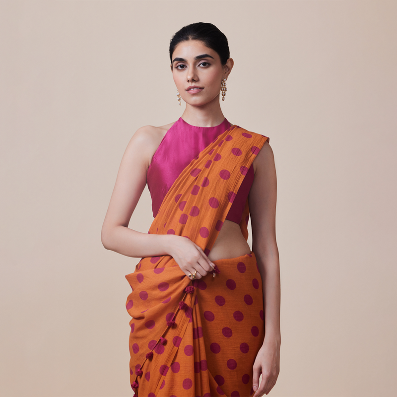 Linen Solid Saree with Blouse | Polka Dots | Orange、mySite、camillekostekn