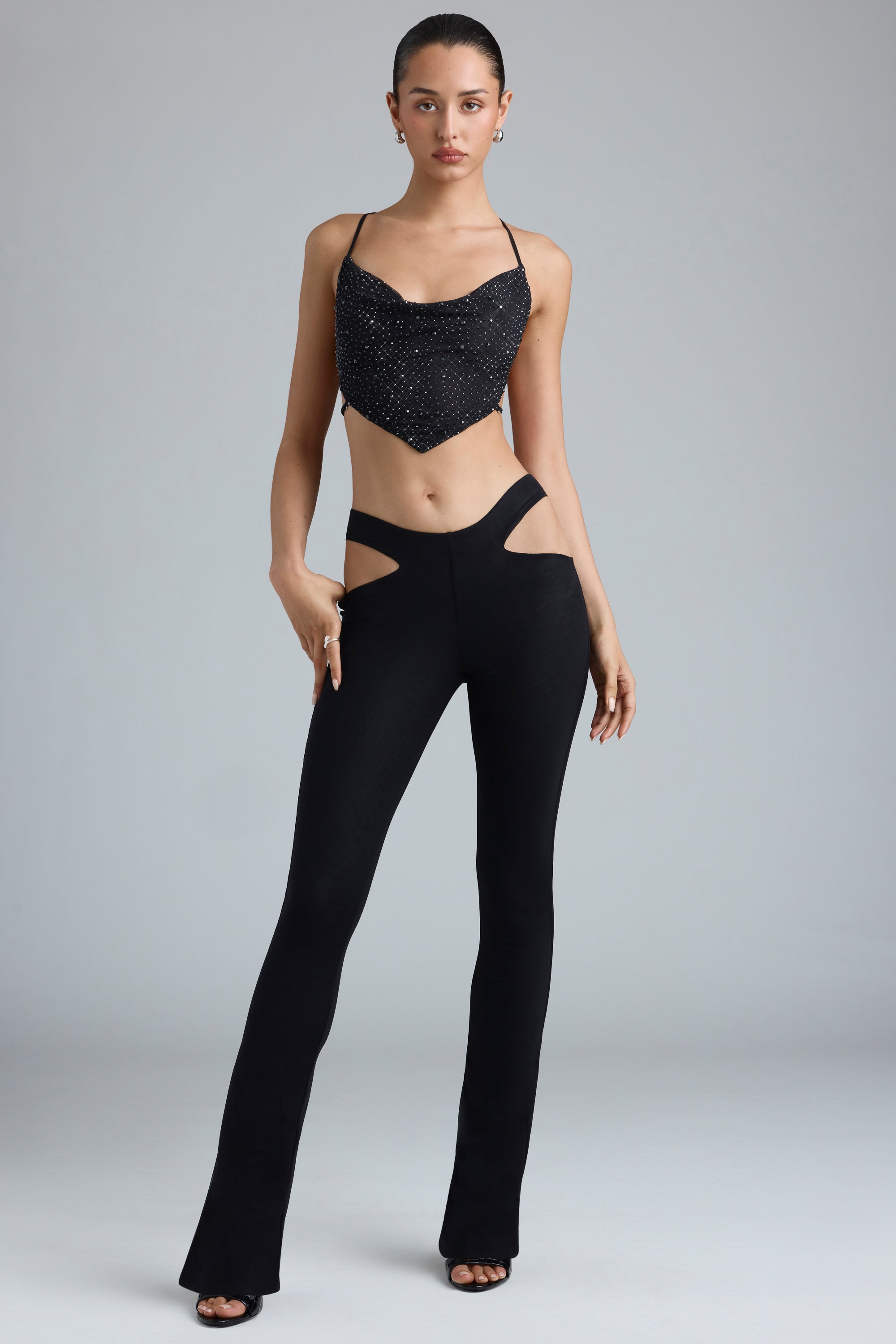 Petite Metallic Cut-Out Low-Rise Flared Trousers in Black、mySite、solidvoid