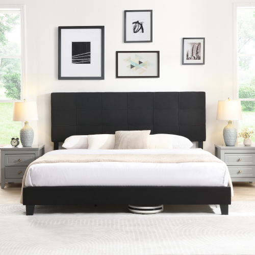 King Size Upholstered Platform Bed Frame with Button Tufted Linen Fabric Headboard, No Box Spring Needed, Wood Slat Support, Easy Assembly, Gray、、casual