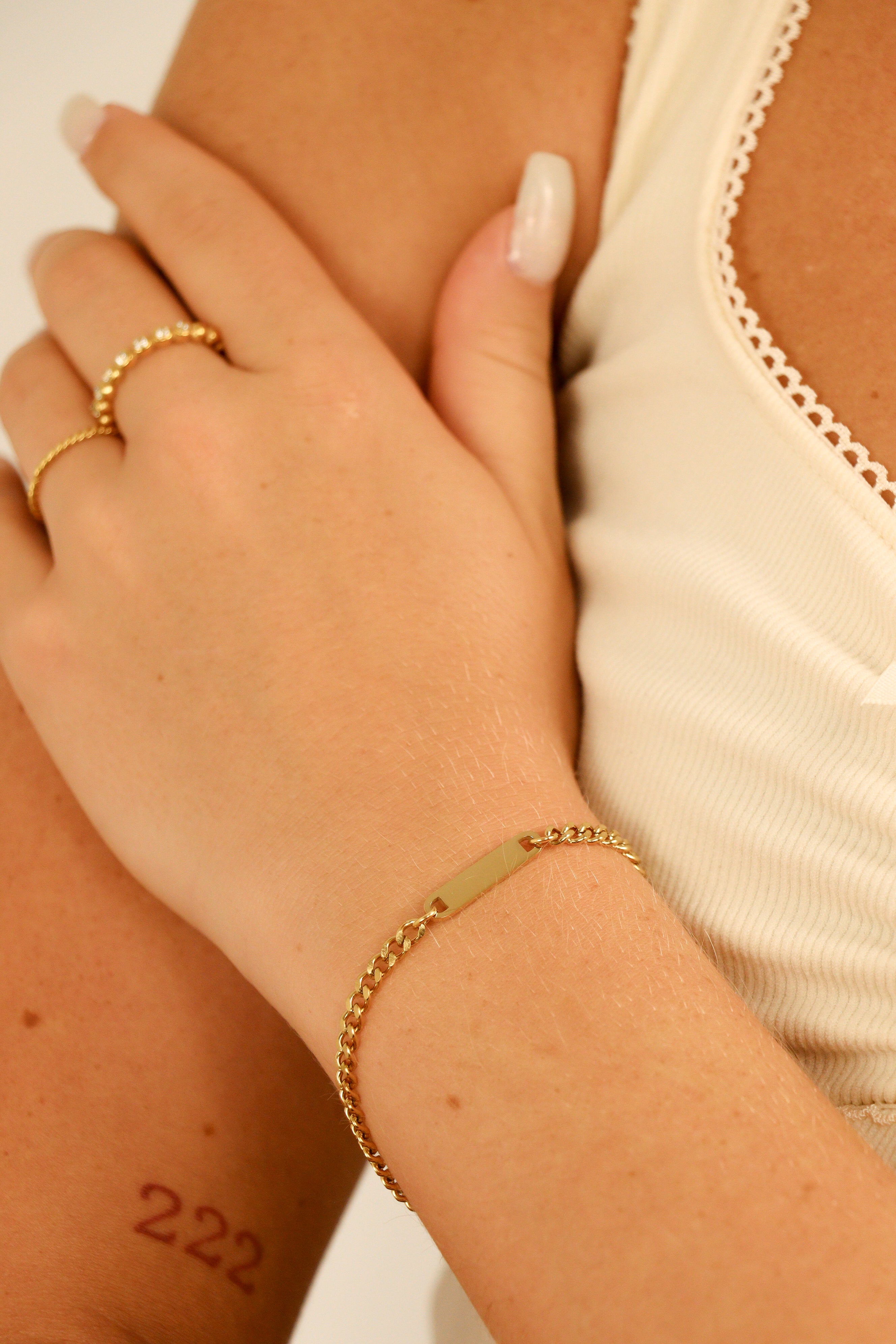 18K Gold PVD Stainless Steel Engravable Curb Chain Bar Bracelet / SBB0339、mySite、dreamappss